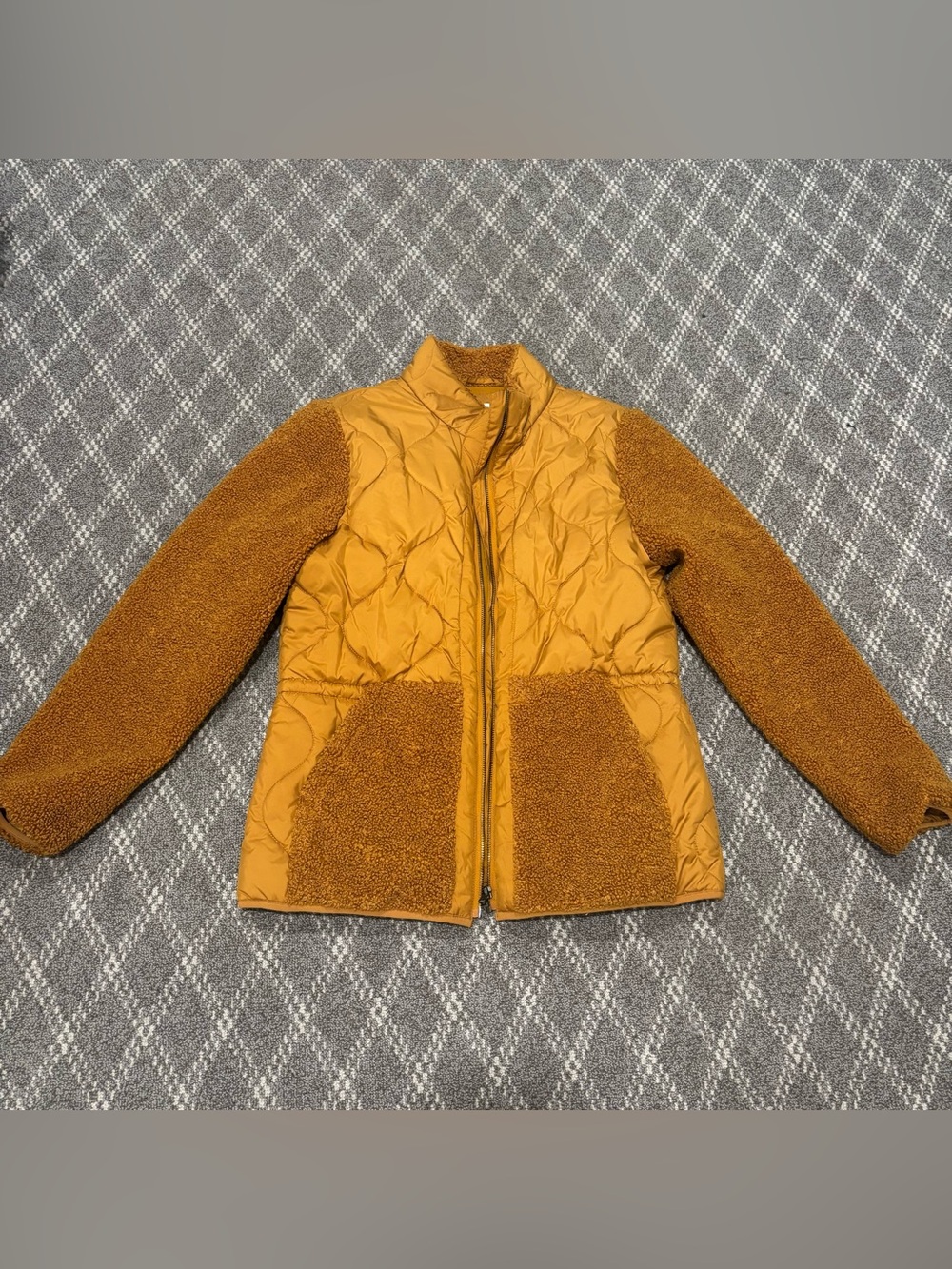 Amazon Essentials Women's Faux Shearling Mixed Media Jacket Mustard Yellow med